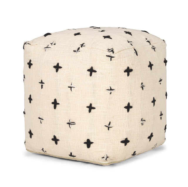 Mercana Saanvi Wool w/ Cream and Black Stitched Cross Patterned Pouf