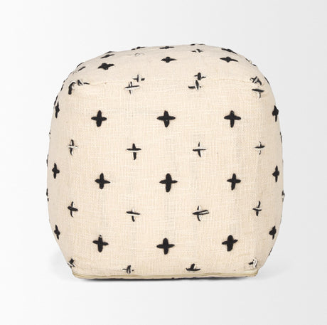 Mercana Saanvi Wool w/ Cream and Black Stitched Cross Patterned Pouf