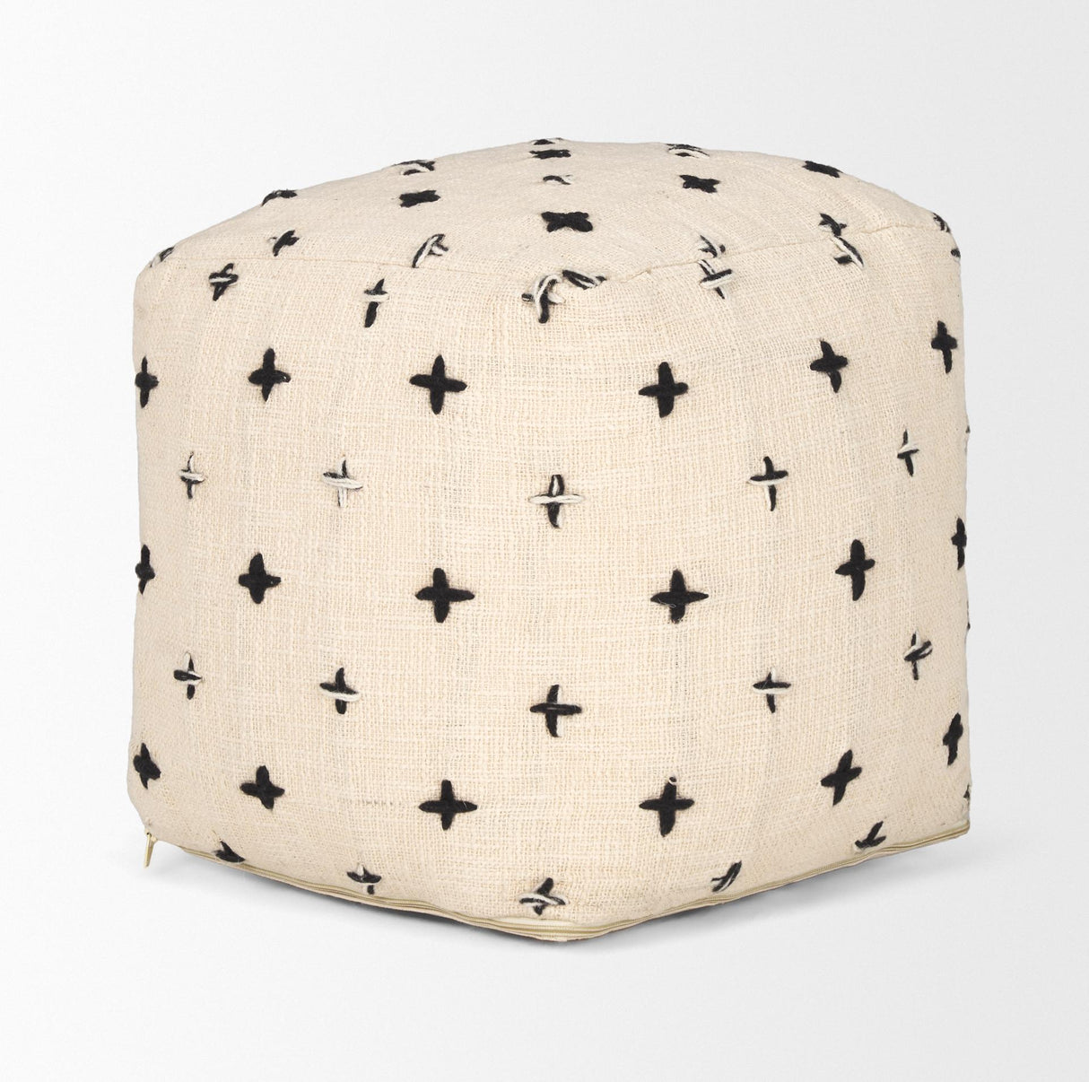 Mercana Saanvi Wool w/ Cream and Black Stitched Cross Patterned Pouf
