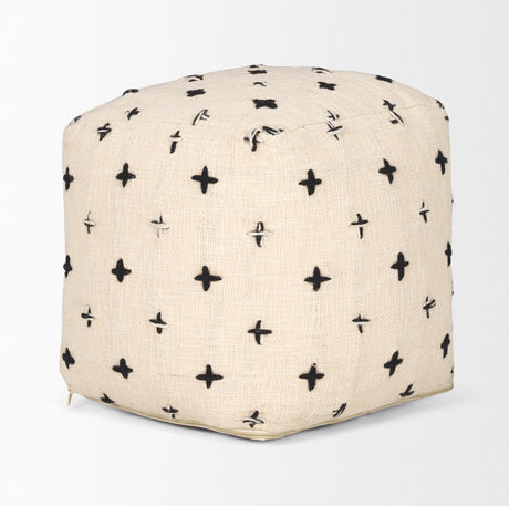 Mercana Saanvi Wool w/ Cream and Black Stitched Cross Patterned Pouf