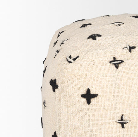 Mercana Saanvi Wool w/ Cream and Black Stitched Cross Patterned Pouf