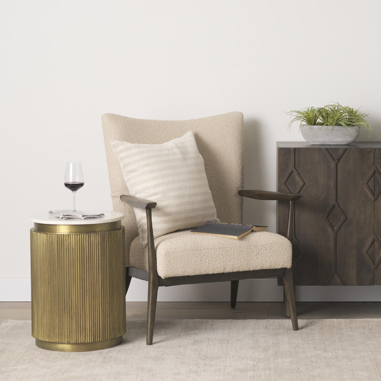 Mercana Satima White Marble w/ Gold Metal Round Fluted Accent Table