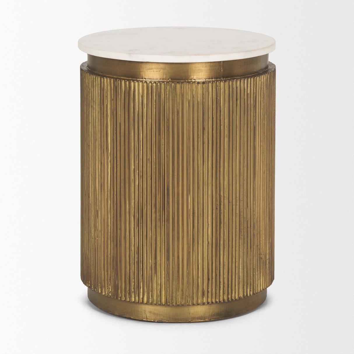 Mercana Satima White Marble w/ Gold Metal Round Fluted Accent Table