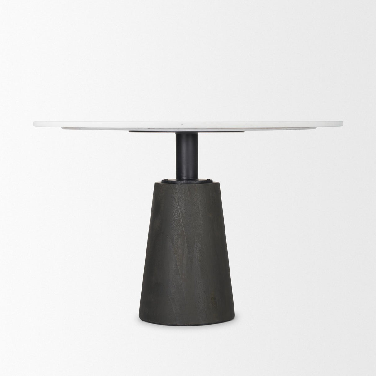 Mercana Maxwell 48L x 48W x 30H Round White Marble Top w/ Black Metal and Wood Pedestal Base Dining Table