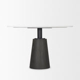 Mercana Maxwell 48L x 48W x 30H Round White Marble Top w/ Black Metal and Wood Pedestal Base Dining Table