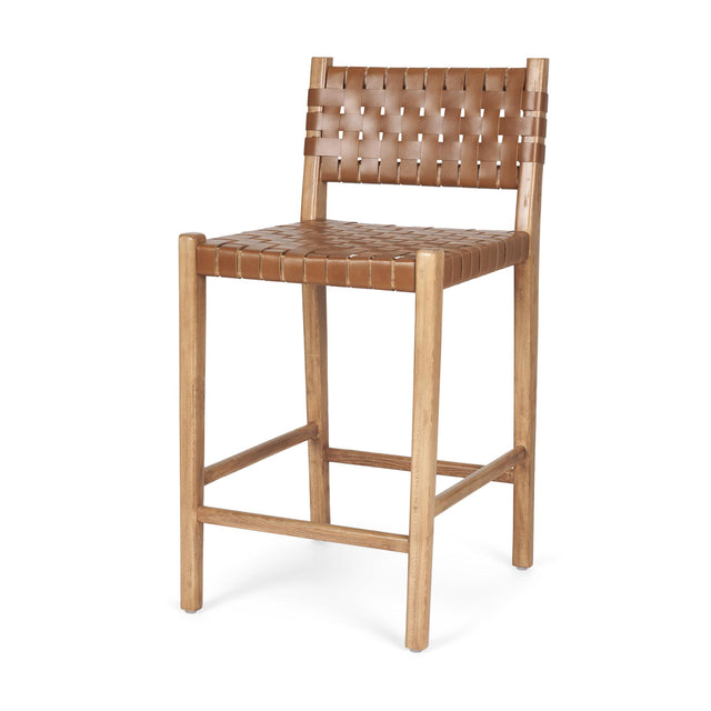 Mercana Shane Brown Wood w/ Woven Brown Leather Counter Stool