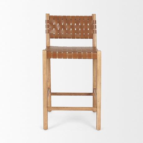 Mercana Shane Brown Wood w/ Woven Brown Leather Counter Stool