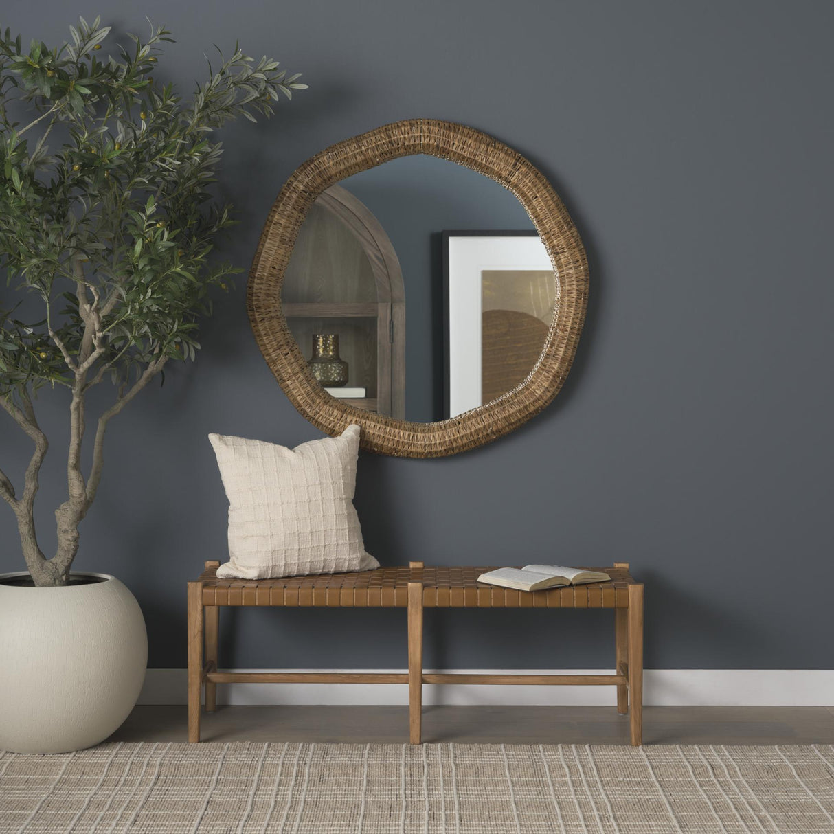 Mercana Shane Brown Wood w/ Woven Brown Leather Bench
