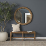 Mercana Shane Brown Wood w/ Woven Brown Leather Bench