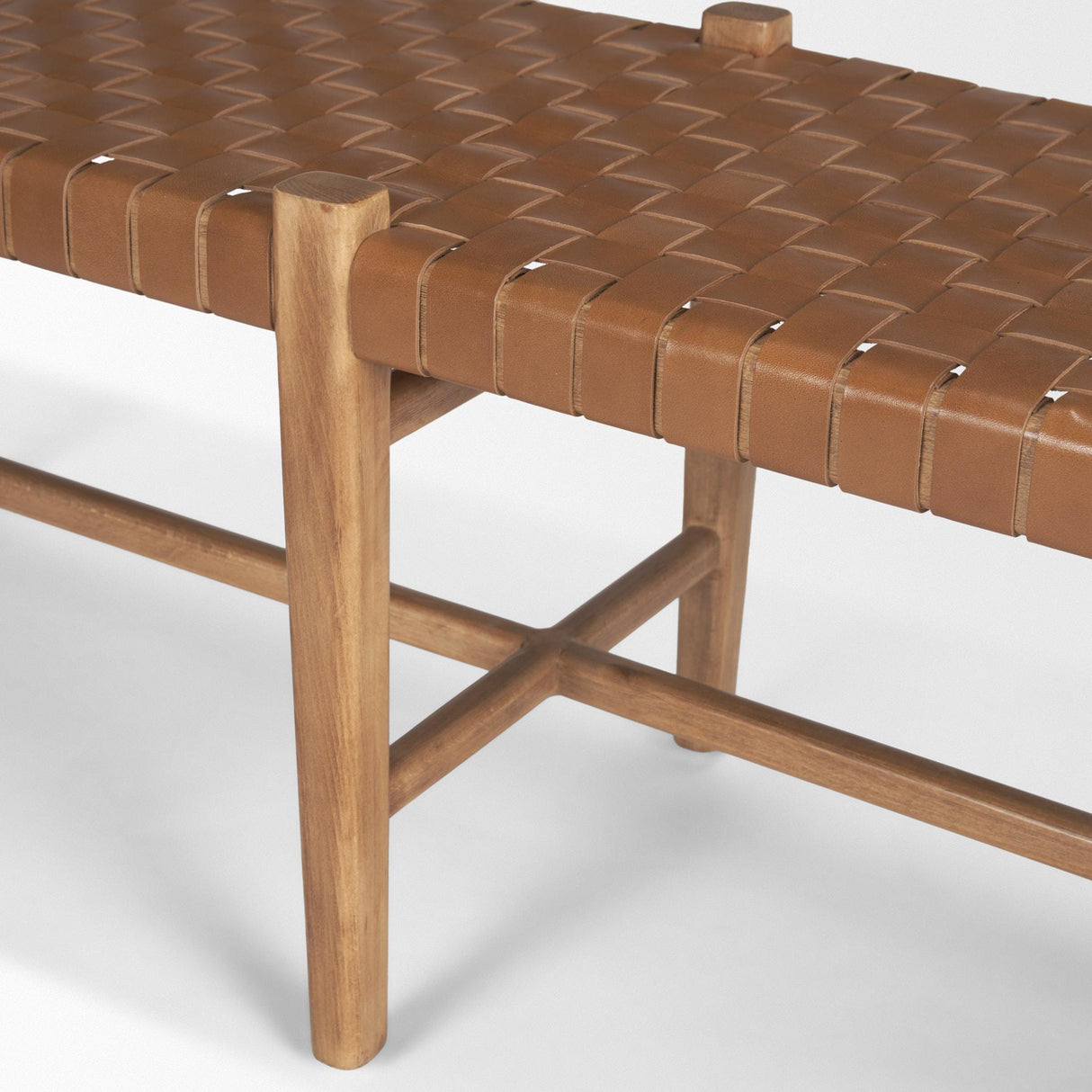 Mercana Shane Brown Wood w/ Woven Brown Leather Bench