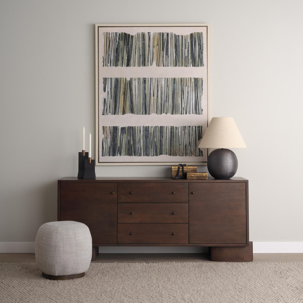 Mercana Siren Gray Fabric w/ Dark Brown Wood Round Accent Stool