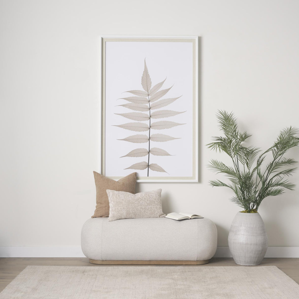 Mercana Siren Cream Fabric w/ Light Brown Wood Oblong Bench