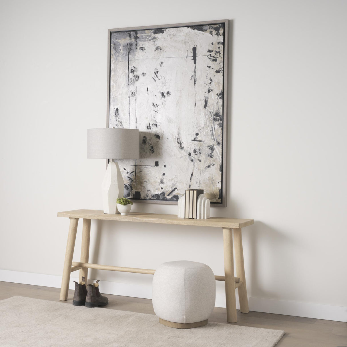 Mercana Siren Cream Fabric w/ Light Brown Wood Round Accent Stool