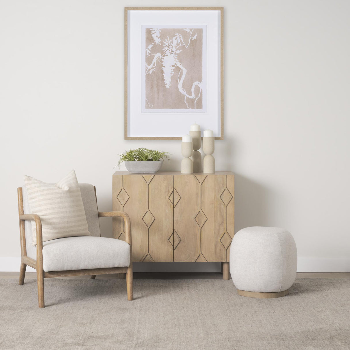 Mercana Siren Cream Fabric w/ Light Brown Wood Round Accent Stool