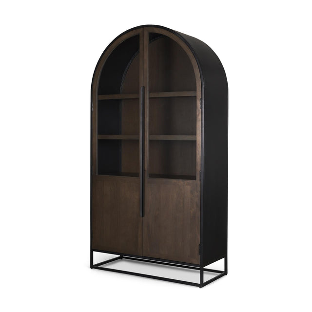 Mercana Sloan 80.5H Dark Brown Wood W/Black Metal Arched Curio Cabinet