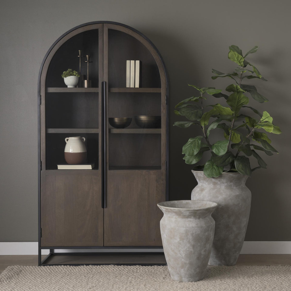 Mercana Sloan 80.5H Dark Brown Wood W/Black Metal Arched Curio Cabinet