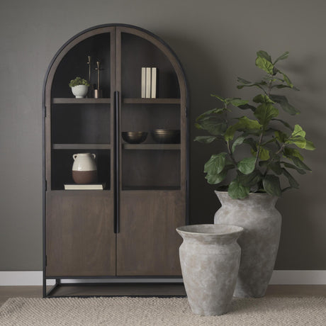 Mercana Sloan 80.5H Dark Brown Wood W/Black Metal Arched Curio Cabinet