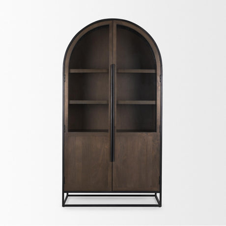 Mercana Sloan 80.5H Dark Brown Wood W/Black Metal Arched Curio Cabinet