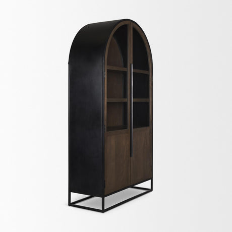 Mercana Sloan 80.5H Dark Brown Wood W/Black Metal Arched Curio Cabinet