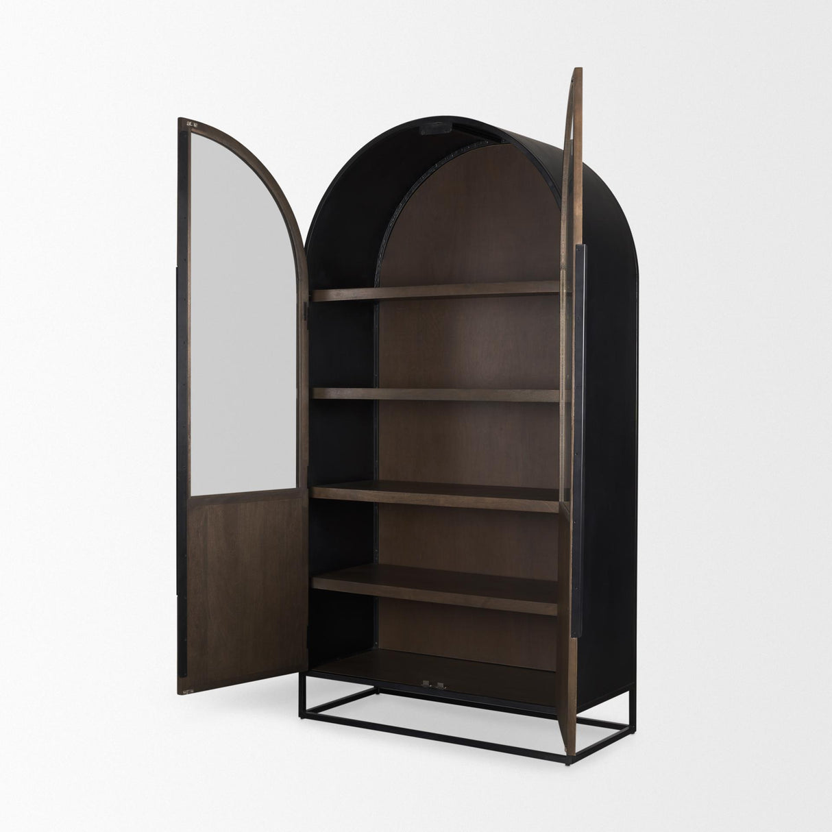 Mercana Sloan 80.5H Dark Brown Wood W/Black Metal Arched Curio Cabinet