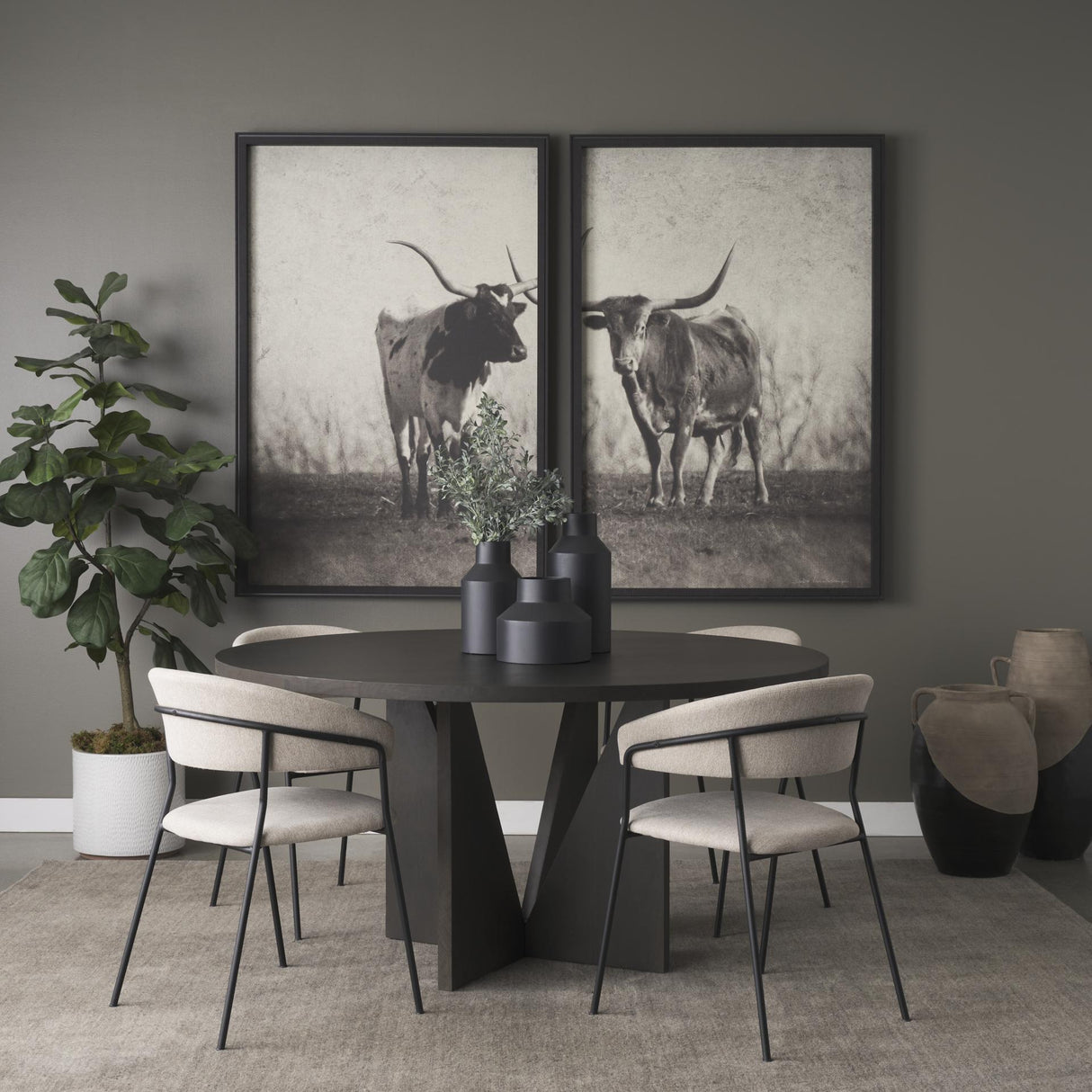 Mercana Tarro 60" Round Textured Espresso Wood w/ Geometrical Base Dining Table