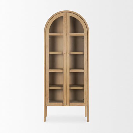 Mercana Callum Light Brown Elm Wood w/ Glass Doors Arched Curio Cabinet