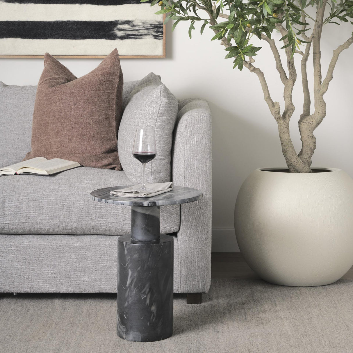Mercana Taite Solid Dark Gray Marble Pedestal Accent Table