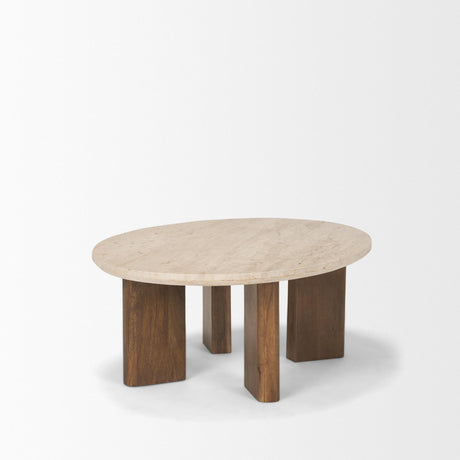 Mercana Syona Travertine + Mango Wood leg Oval Coffee table