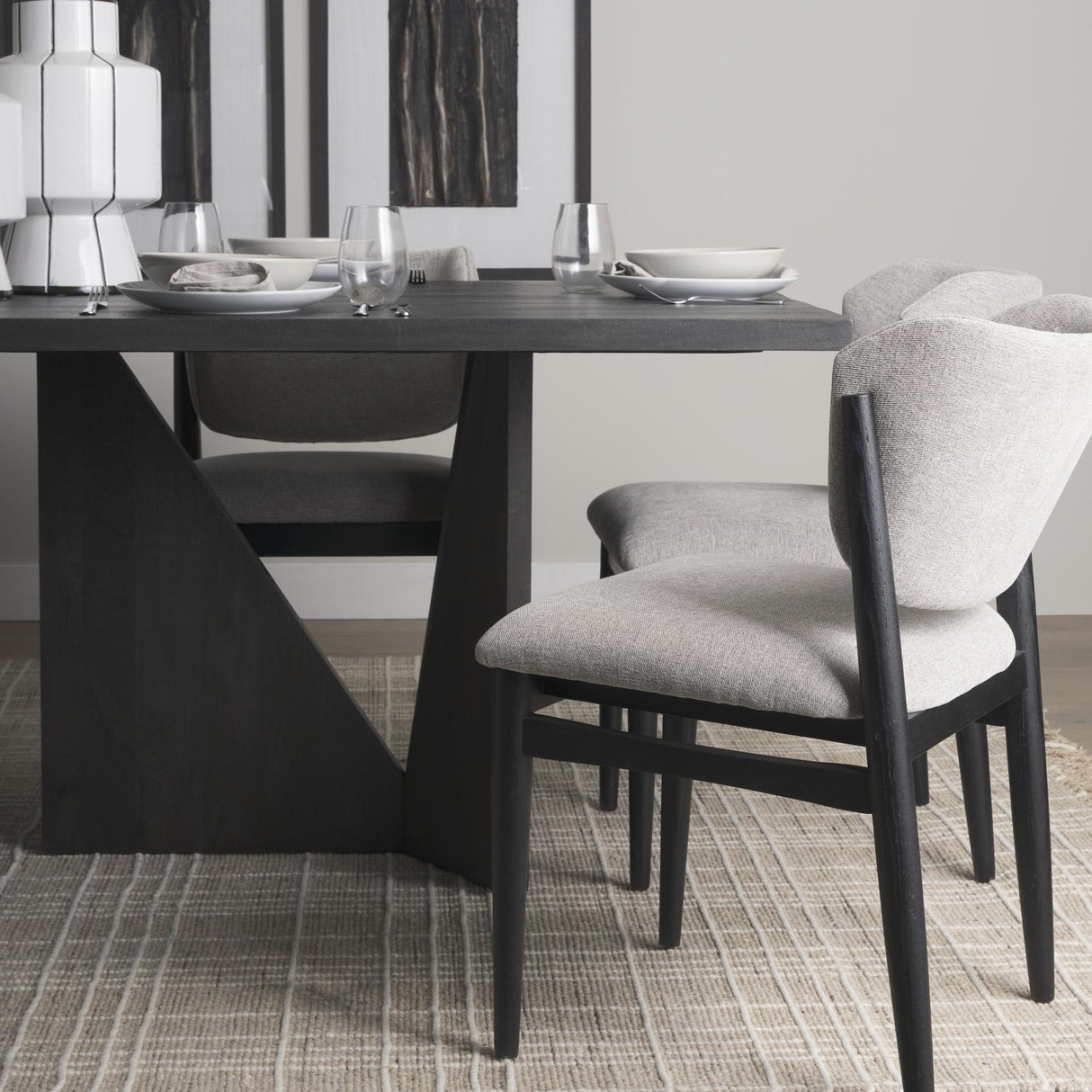 Mercana Tarro 84" Rectangular Textured Black Wood w/ Geometrical Base Dining Table