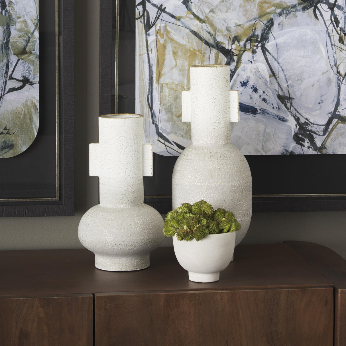 Mercana Torres Tall Textured Off White w/ Gold Metal Vase