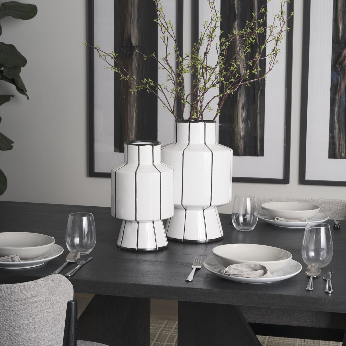 Mercana Dinah Large White w/ Black Stripes Ceramic Vase