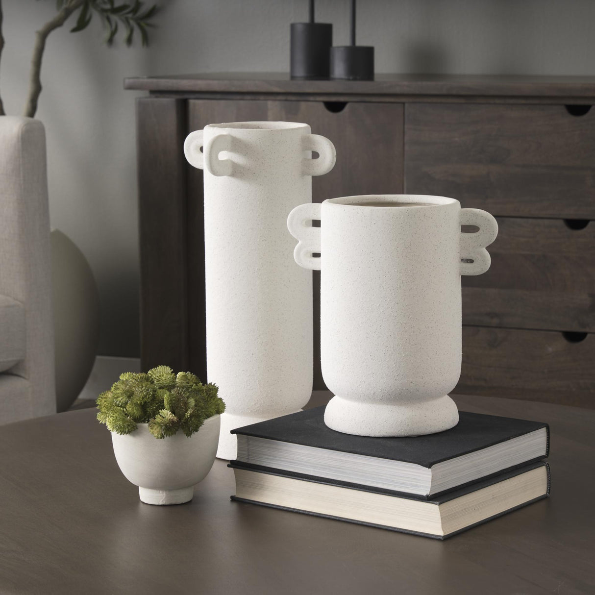 Mercana Dylan Small Textured Off White w/ Handles Ceramic Vase