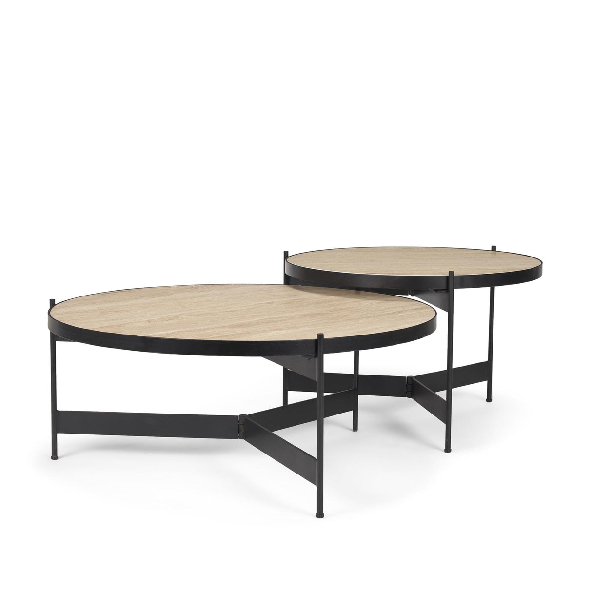 Mercana Wade Travertine Marble w/ Matte Black Metal Coffee Tables