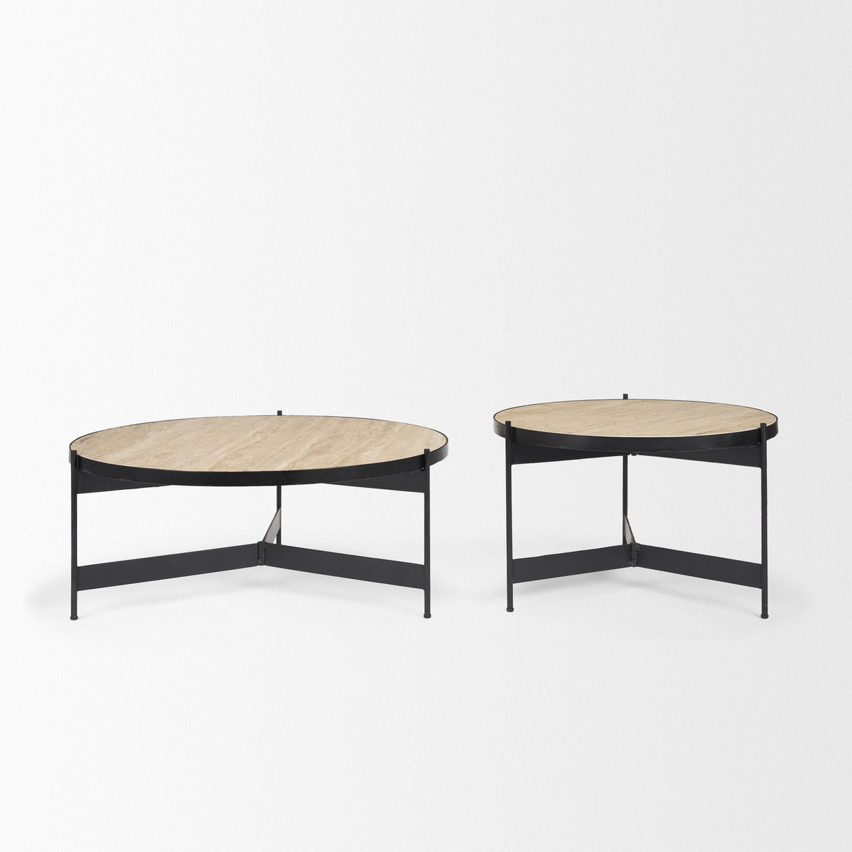 Mercana Wade Travertine Marble w/ Matte Black Metal Coffee Tables