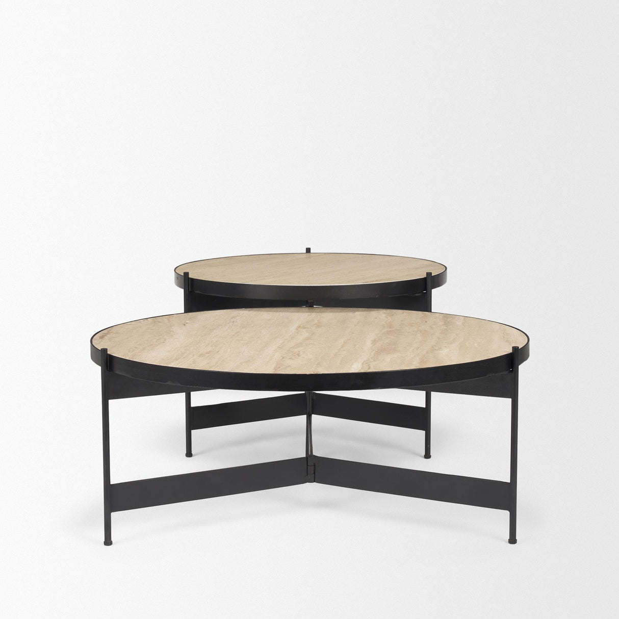 Mercana Wade Travertine Marble w/ Matte Black Metal Coffee Tables
