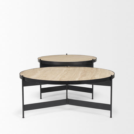 Mercana Wade Travertine Marble w/ Matte Black Metal Coffee Tables