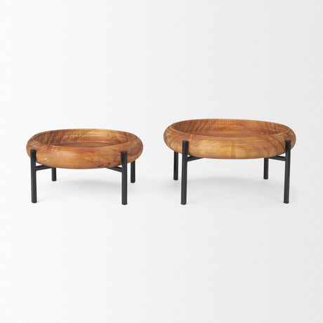 Mercana Wally Round Medium Brown Wood w/ Matte Black Metal Stand Trays