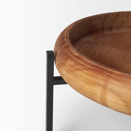 Mercana Wally Round Medium Brown Wood w/ Matte Black Metal Stand Trays