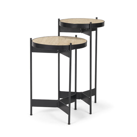 Mercana Wade Travertine Marble w/ Matte Black Metal End Tables