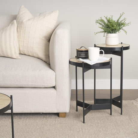 Mercana Wade Travertine Marble w/ Matte Black Metal End Tables