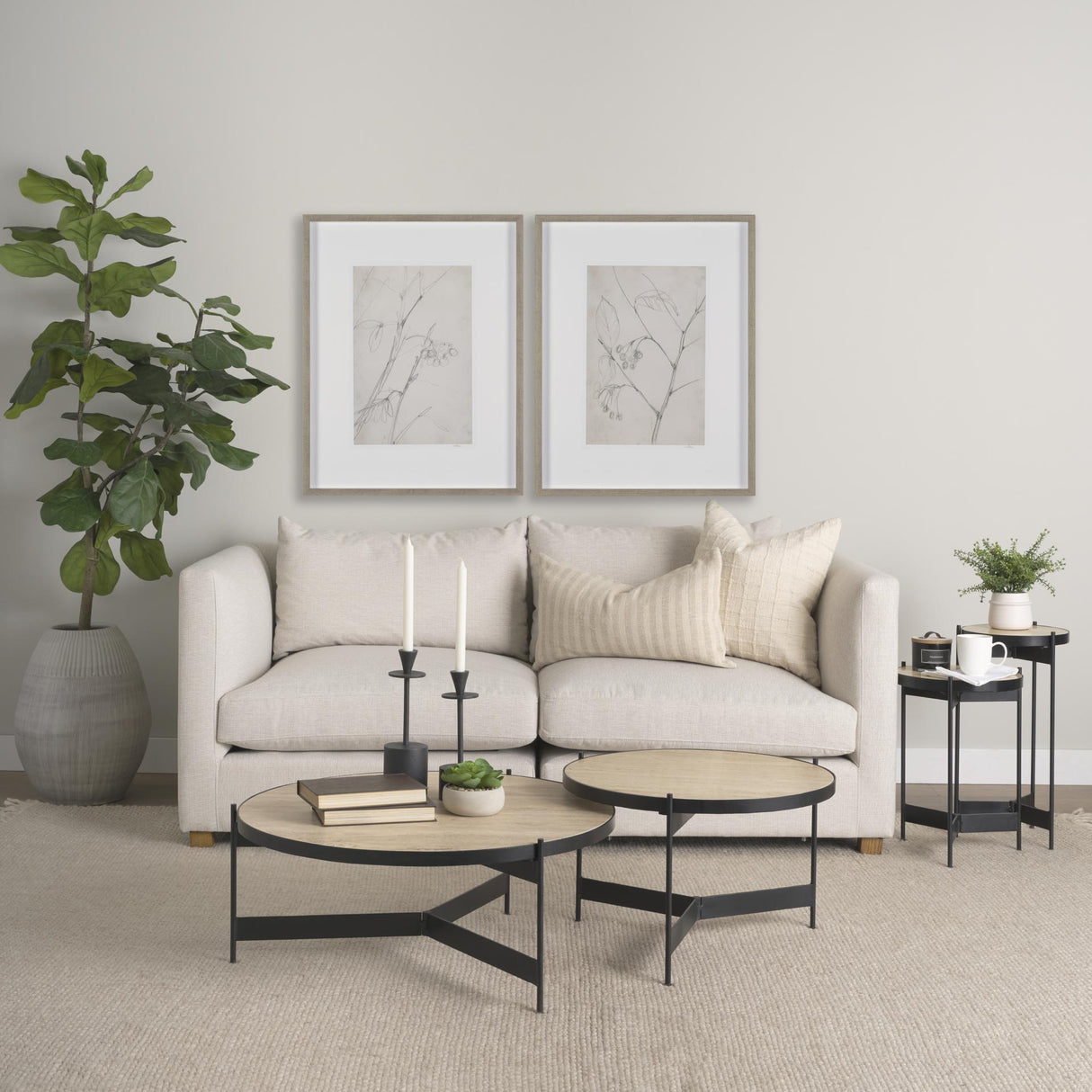 Mercana Wade Travertine Marble w/ Matte Black Metal End Tables