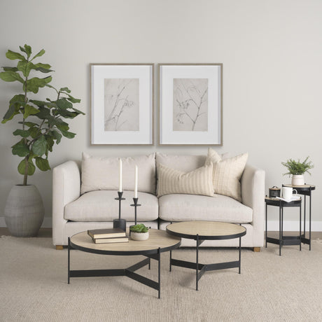 Mercana Wade Travertine Marble w/ Matte Black Metal End Tables