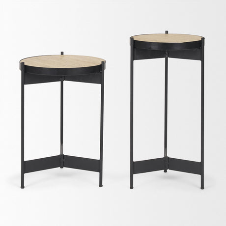 Mercana Wade Travertine Marble w/ Matte Black Metal End Tables
