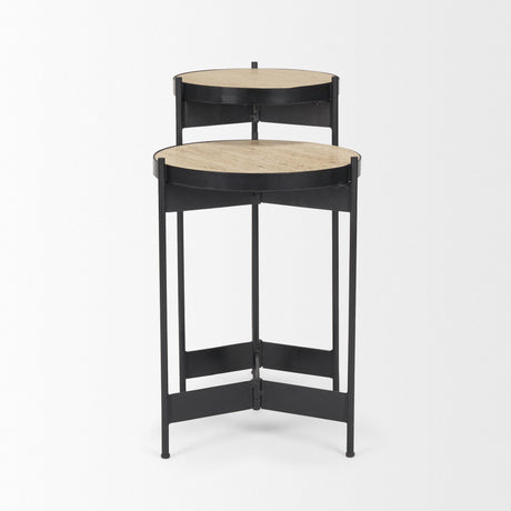 Mercana Wade Travertine Marble w/ Matte Black Metal End Tables
