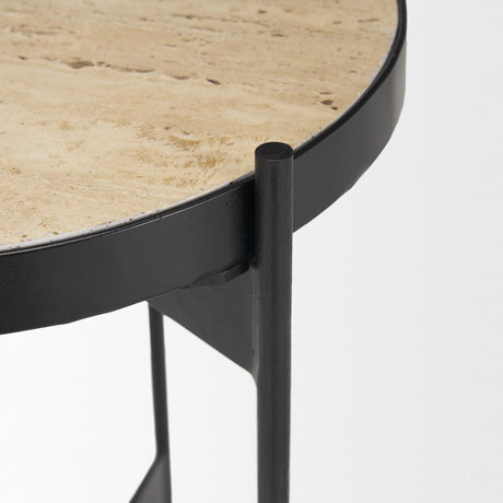 Mercana Wade Travertine Marble w/ Matte Black Metal End Tables