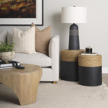 Mercana Wenopa Matte Black Wood w/ Natural Jute Accent Tables