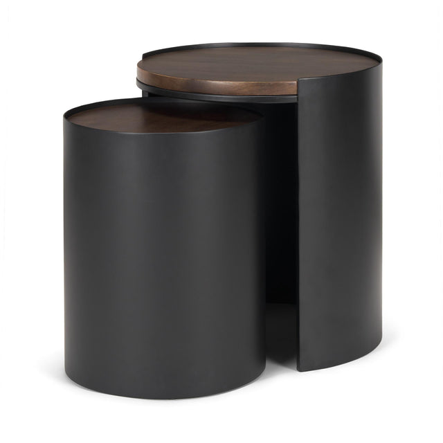 Mercana Varden Matte Black Metal w/ Dark Brown Wood Top Nesting Accent Tables
