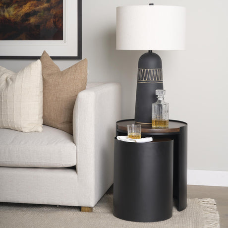 Mercana Varden Matte Black Metal w/ Dark Brown Wood Top Nesting Accent Tables