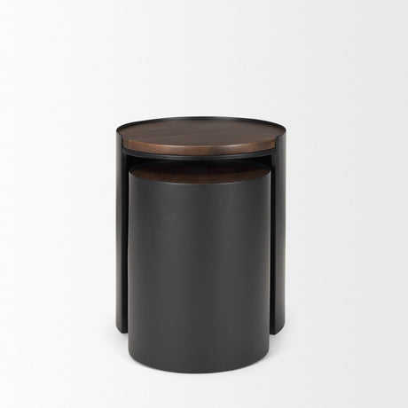 Mercana Varden Matte Black Metal w/ Dark Brown Wood Top Nesting Accent Tables