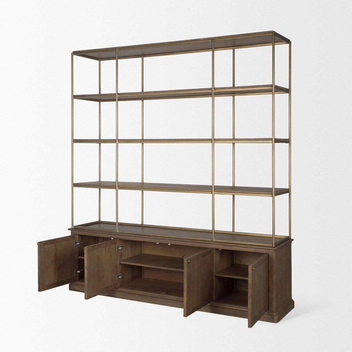 Mercana Baron 4-Door Dark Brown Wood w/ Antique Brass Metal Open Shelving Unit